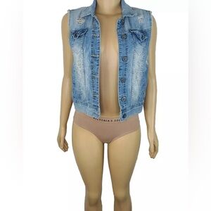 BULLHEAD Women Denim Light Wash Distressed Red Bandana Sleeveless Jean Vest Sz S